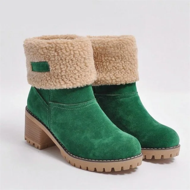 

New Brand Women Boots Female Winter Shoes Woman Fur Warm Snow Boots Fashion Square High Heels Ankle Boots Black Green Boots L57