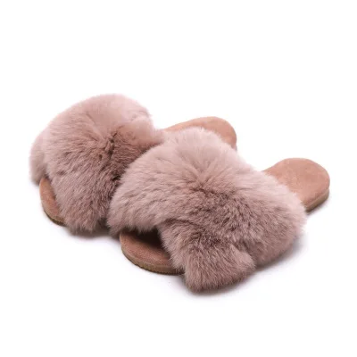 New Spring Plush Slippers Girls Slippers Real Rabbit Fur Shoes Open Toe Slippers All-match Childrens Shoes Summer Home Slippers - Цвет: Brown fur neri