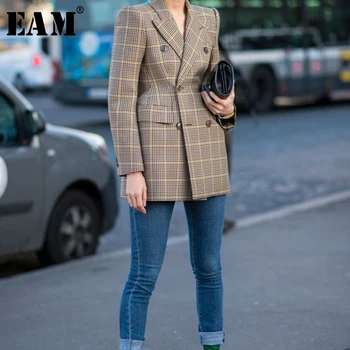 

[EAM] 2020 New Spring Turn-down Collar Long Sleeve Double Breasted Button Pockets Woolen Coat Women Parkas Fashion Tide JX734