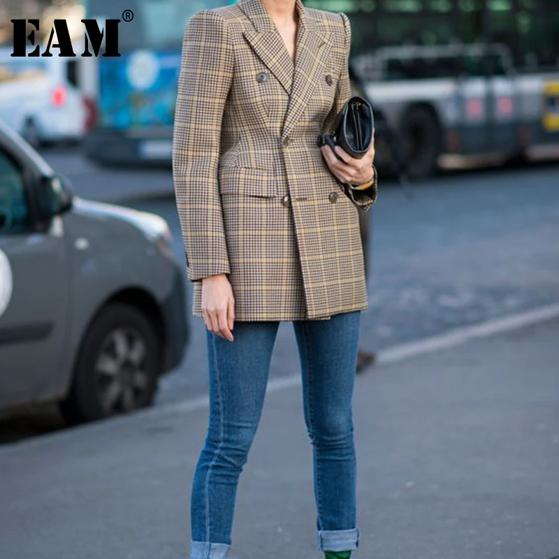 

[EAM] 2019 New Spring Turn-down Collar Long Sleeve Double Breasted Button Pockets Woolen Coat Women Parkas Fashion Tide JX734