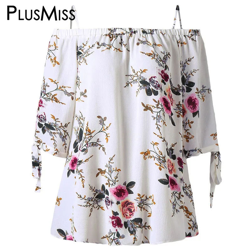 

PlusMiss Plus Size 5XL Off Shoulder Top Women Clothes Boho Floral Print Summer Chiffon Blouse 2018 Loose White Blusas Big Size