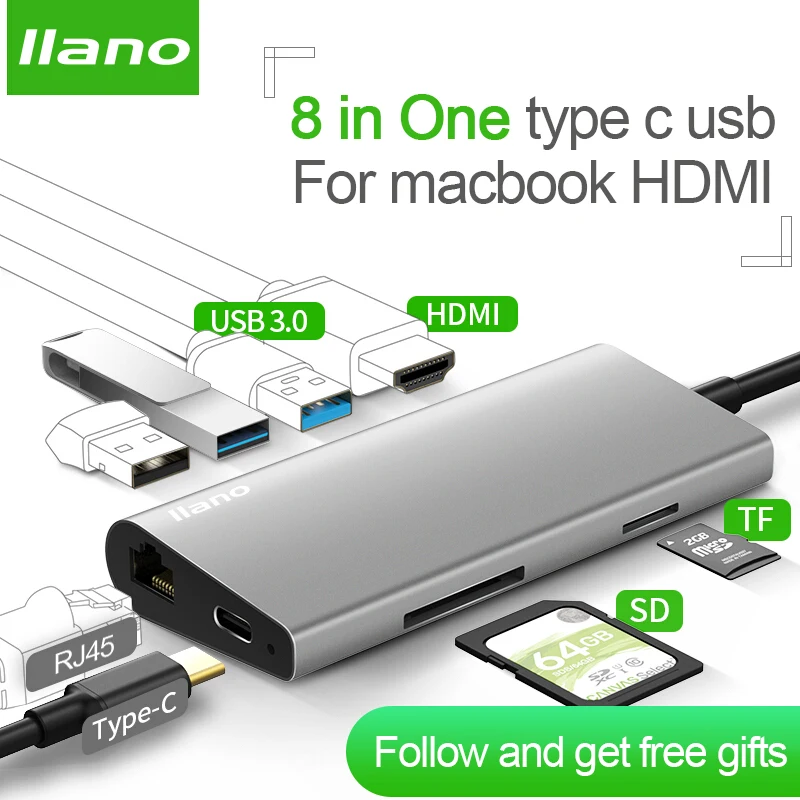 Llano usb-хаб USB C концентратор для HDMI RJ45 PD Thunderbolt 3 адаптер для MacBook samsung Galaxy S9/S8 huawei P20 Pro type-C USB 3,0 концентратор - Цвет: 8 function usb c hub