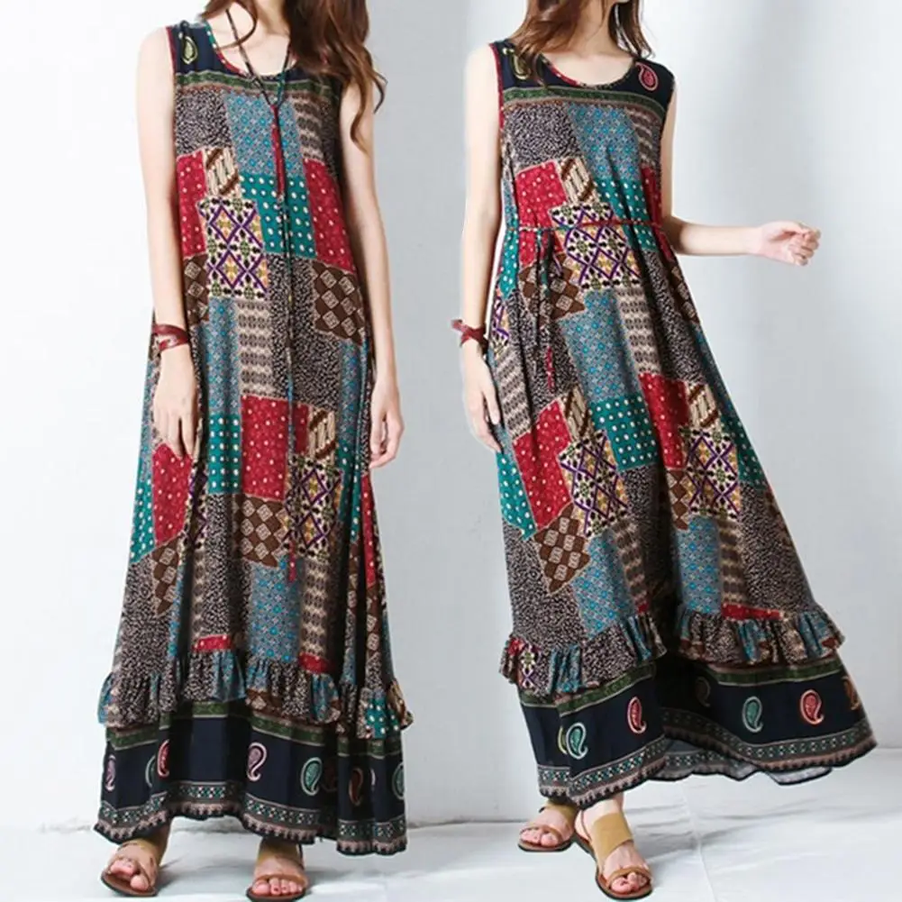 

New Summer Bohemian Vintage Women Geometry Print Sleeveless Ruffle Maxi Robe Dress