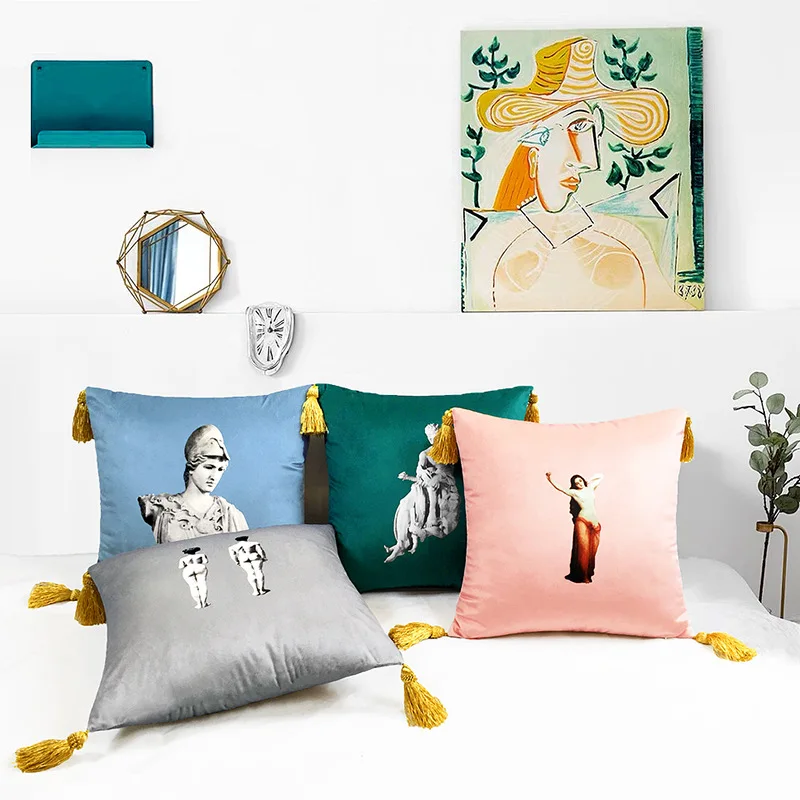 Домашние Декоративные диванные подушки, винтажная нордическая статуя, бархатный диван-кровать с кисточками, наволочка, набор подушек, подушка 45 см X 45 см