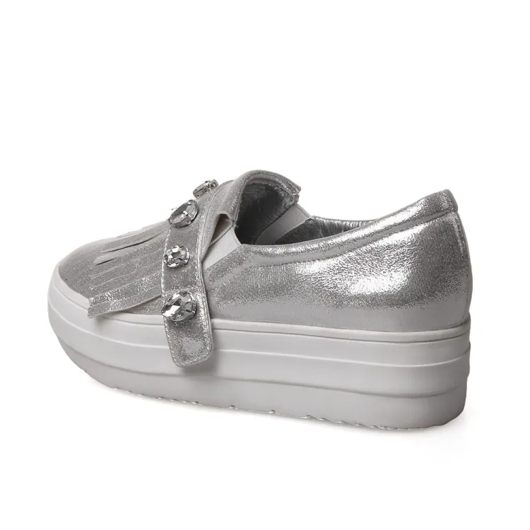 2018 NEW Women Easy White Silver Shoes PU Leather Flats Slip On Loafers Crystal Tassel  Female Light Sneakers Women Size 31-43 (9)