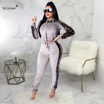 

Colorful Sequins Patchwork Women Thick Tracksuit Long Sleeve Hooded Sweatshirts Top + Fitness Pants Casual 2 Piece Set Plus Size
