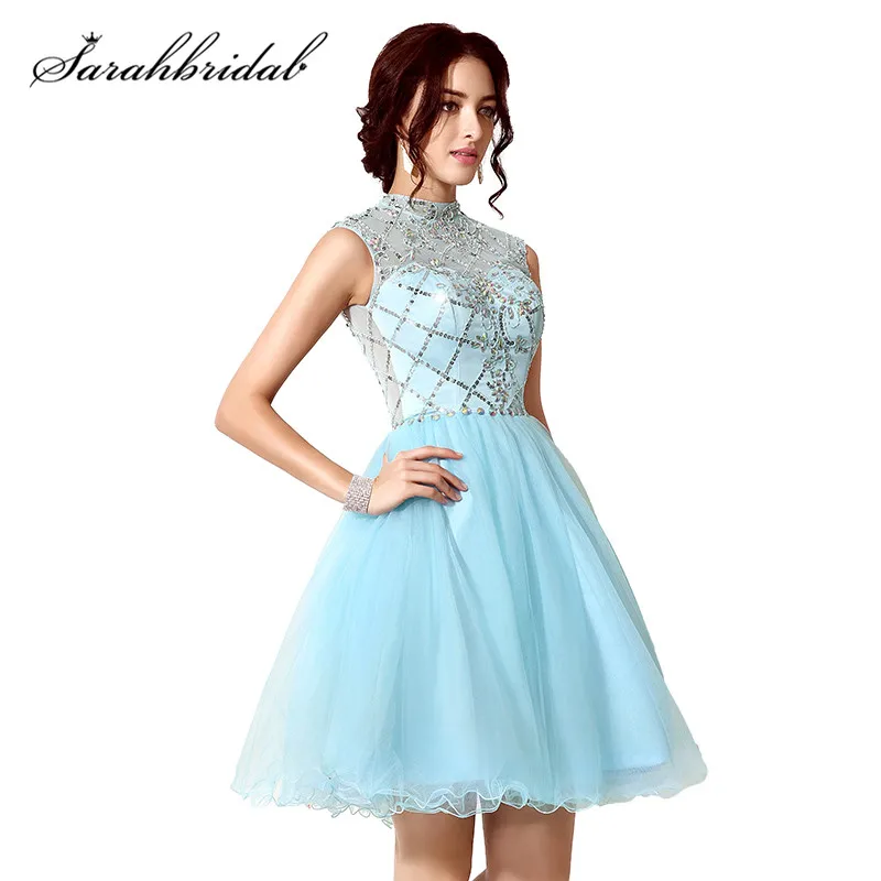 Goede Jeugdige Sky Blue Cocktail Jurken 2019 Fall Winter Crystal Lovertjes Backless Tulle A lijn In Voorraad Homecoming Jurken SD199