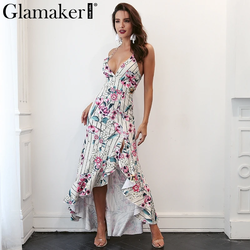 Женское платье с цветочным принтом Glamaker длинное пляжное разрезом и оборками