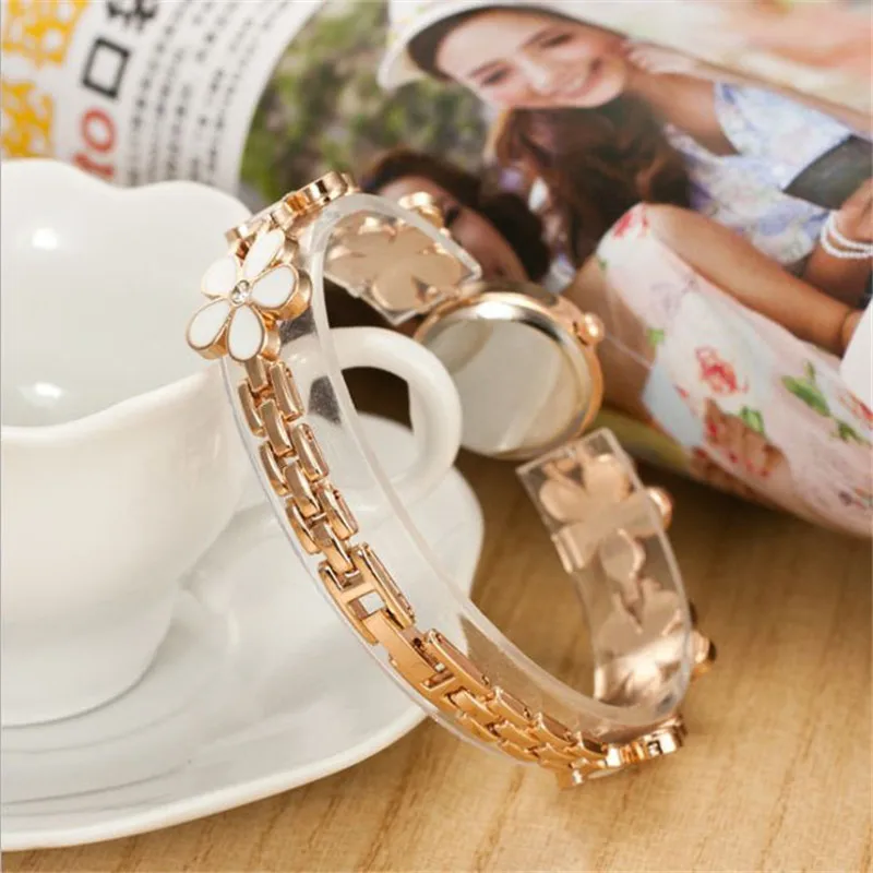 Цветок розовое золото браслет часы для женщин роскошный кристалл платье наручные часы Женская мода кварцевые часы reloj mujer# D