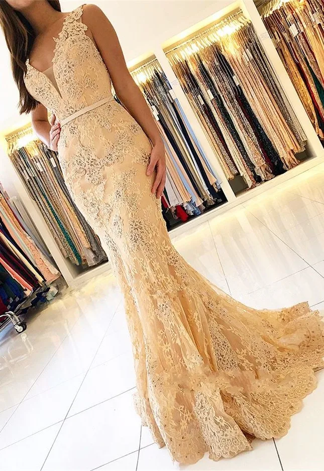 

gala jurken Fashionable Mermaid Prom Dress 2019 V-neck Sleeveless Yellow Lace Evening Dresses Party Gown