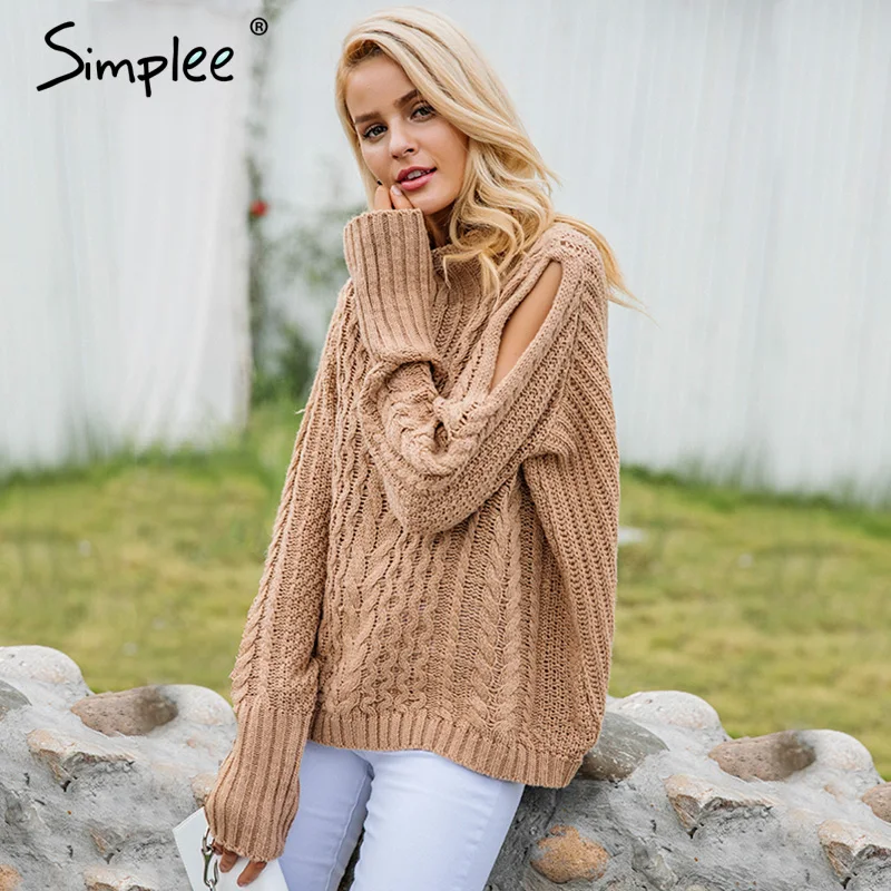Simplee Cold Shoulder Knitting Pullover Casual Autumn Winter Sweater Women Twist Jumper Hollow Out High Neck