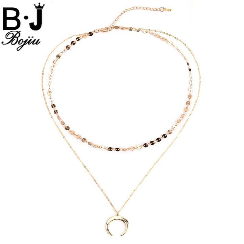 

Bojiu Two Layers Necklace Copper Gold-color Elegant Moon Crescent Pendant Cable Chain Necklaces Exquisite Festival Gifts NKS124