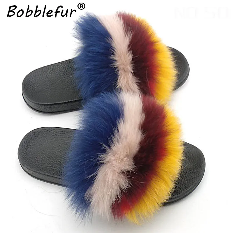 Ms.bobblefur Women Flip Flops Furry Indoor Natural Fox Fur Slipper Luxury Fluffy Plush Shoes FREE shipping | Обувь