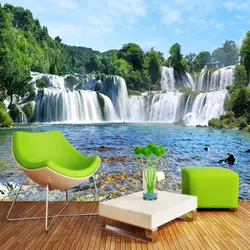 Зеленый лес водопад озеро природа пейзаж Фото Фреска для Спальня Гостиная Современный домашний декор-тканая 3D обои