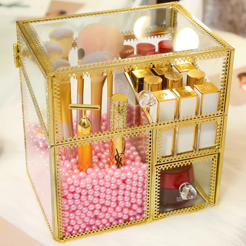 

Large Ladies Makeup Brushes Lipsticks Storage Box With Pearls Gold Glass Student's Cosmetics Brushes Storage Pearls Box B2262