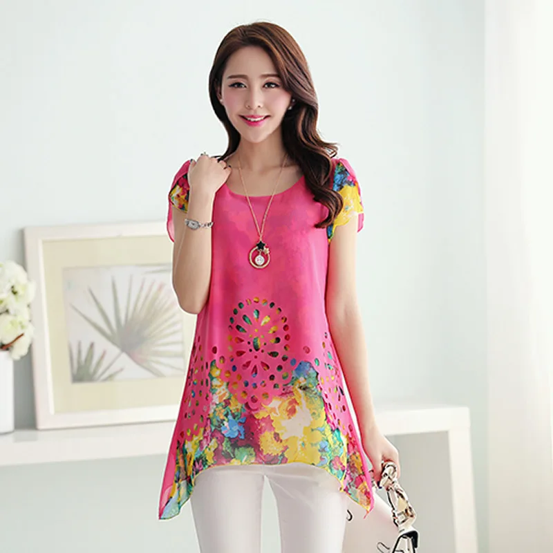 

2018 New Summer Fashion Chiffon Shirts Short Sleeve Loose Large Size XXXXL Floral Printed Shirt Women's Clothing SHIRTS-260929