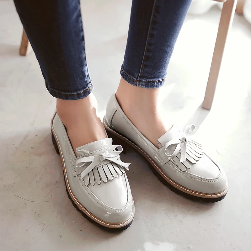 Women Creeper Shoes Flat Loafers Shoes For Women With Tassels Patent