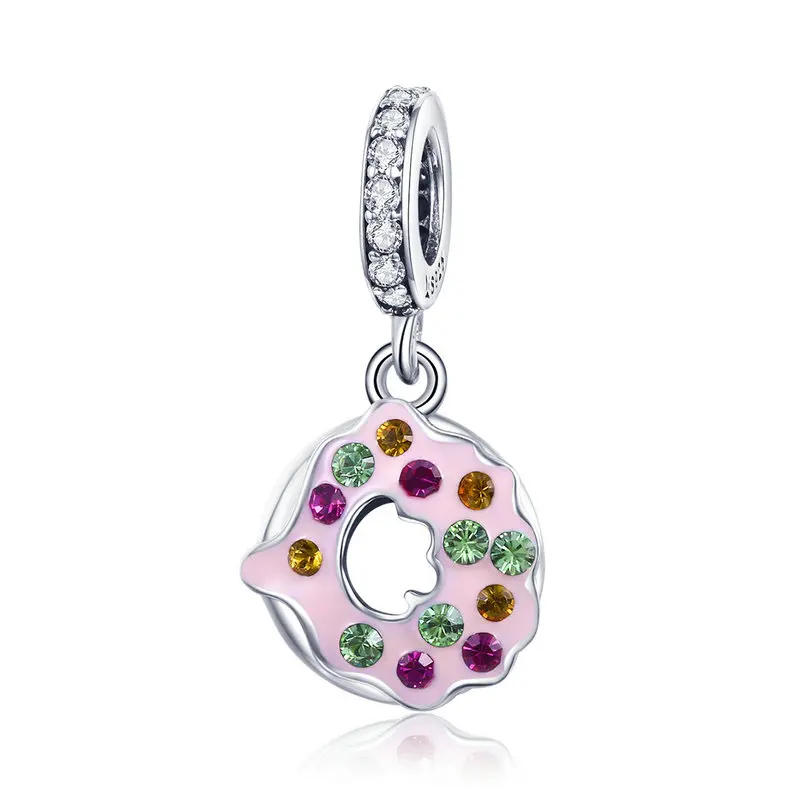 

ABAY 100% 925 Sterling Silver Sweet Donuts Pendant Pink Enamel Charm fit Original Pandora Bracelet Beads DIY Jewelry