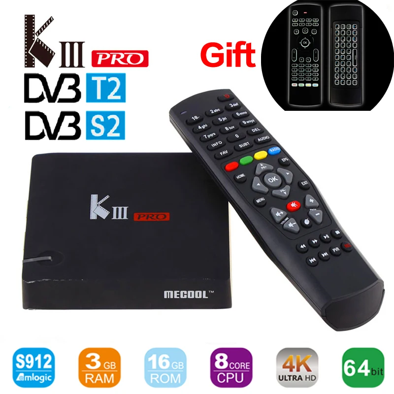 

MECOOL KIII Pro DVB S2 DVB T2 Android6.0 smart TV Box Amlogic S912 Octa core BT 4.0 3GB/16GB 2.4G/5G Wifi 4K Smart Media Player