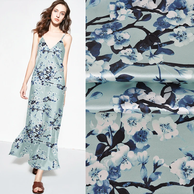 118CM Wide 19MM White Floral Print Stretch Green Gray Silk Satin Fabric