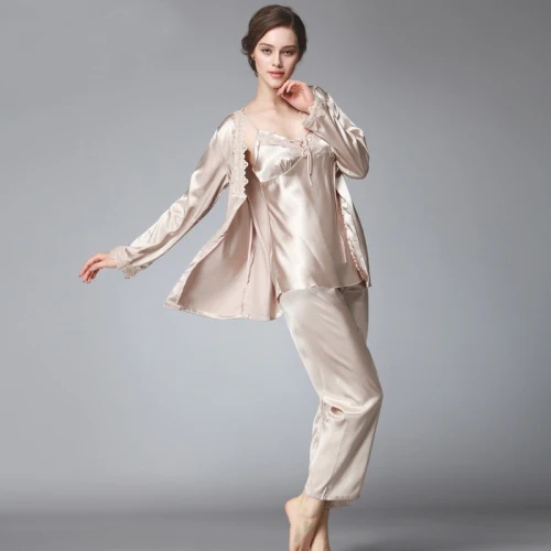 SSH036 Женская шелковая атласная пижама, женский сексуальный пижамный комплект из 3 предметов, одежда для сна с v-образным вырезом, топ с длинными рукавами, длинные штаны, осенняя одежда для сна - Цвет: Camel