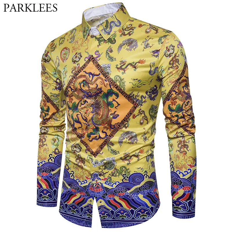 3D Chinese Dragon Printed Mens Dress Shirts 2018 Luxury Chinese Emperor ...