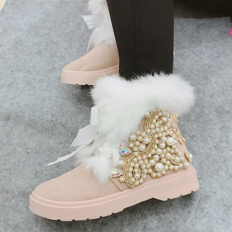

Hot Warm Rabbit Fur Ribbons Bowtie Snow Boots Winter Girl's Side Pearl Crystal Studs Heels Fur Boots Cozy Short Bottines