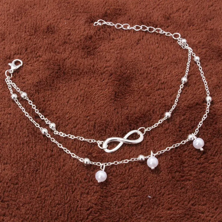 

Japan and South Korea fresh jewelry lady alloy anklets word double pearl anklets hot selling leg jewelry