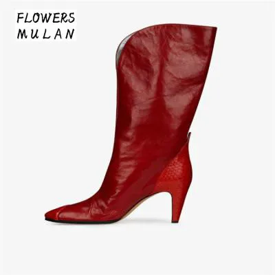 

2018 Winter Fasahion Show Women Short Boots Pointed Toe Patchwork Snake Leather Toe And Back Kitten Heel Botas Slip On Shoes