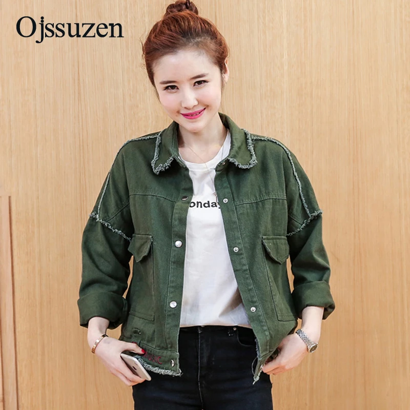 Preppy Style Fashion Flash Khaki Denim Coat Female Slim Army Green Jeans Jacket Women S Letter Embroidery Denim Jacket Jackets Aliexpress