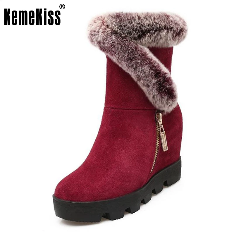 KemeKiss Women Real Leather Wedges Boots Thick Fur Snow Boots Inside