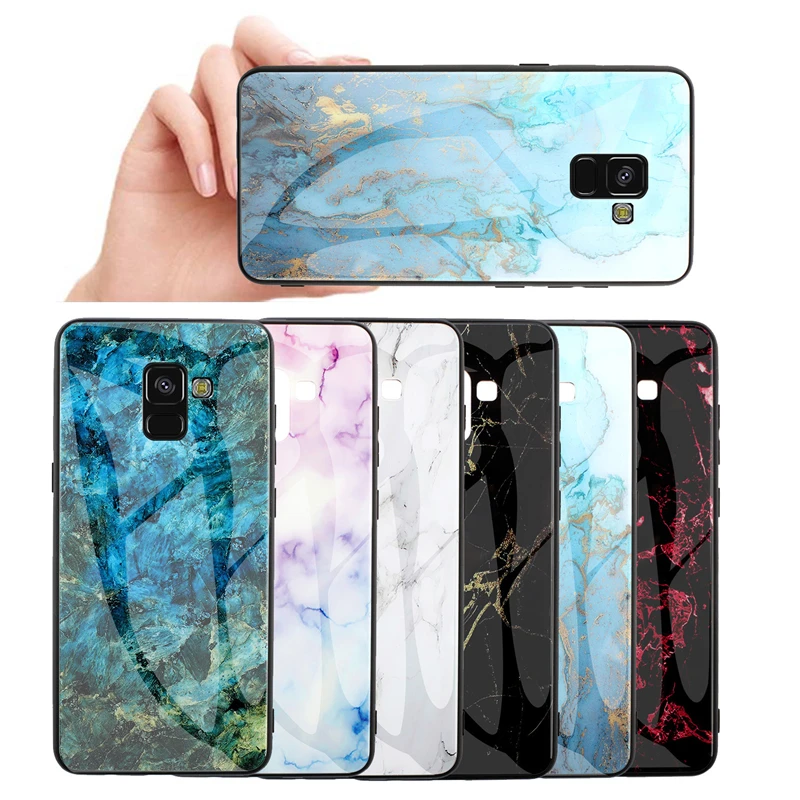 

For Samsung A8 Plus 2018 Case Glossy Glass Marble Phone Case for Funda Samsung A7 A5 A6 A8 A9 2018 Etui Luxury Hard Back Cover