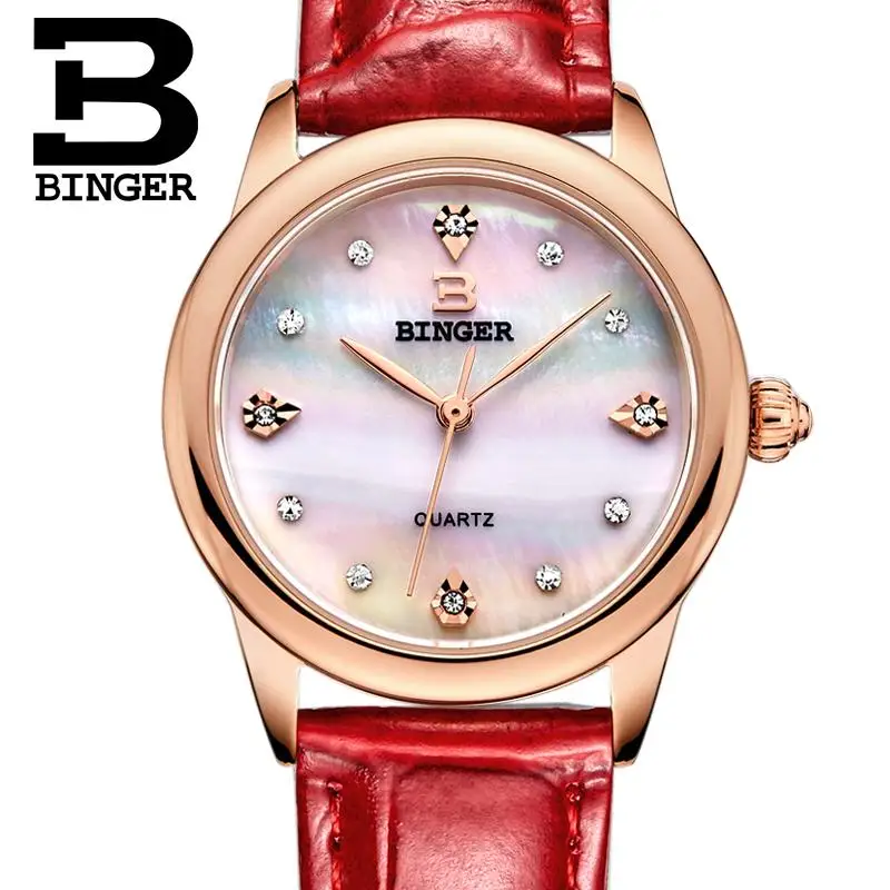 

2018 New Binger Women's watches luxury quartz clock waterproof 3 color available genuine leather strap Wristwatches BG9006-4