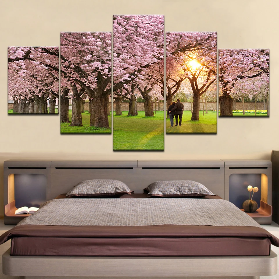 Canvas Pictures Home Decor HD Prints 5 Pieces Cherry Blossoms Paintings Pink Flower Petal Tree Poster Living Room Wall Art Frame | Дом и сад