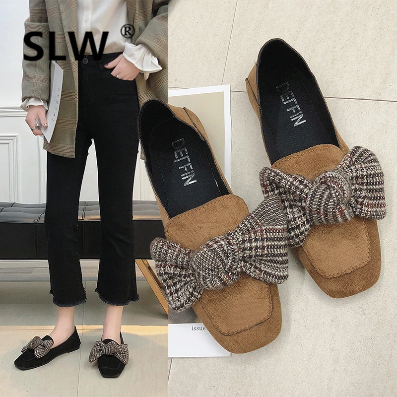 

fashion spring Flock Square Toe new women flat Rubber Slip-On Fabric Casual Butterfly-knot Lace-Up Loafers 2019 Shallow woman