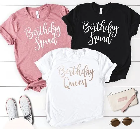 

PADDY DESIGN Birthday Queen Squad T-shirt Casual Women Party Top Tee Casual Short Sleeve Rose Gold Letter Printed T Shirt Tops