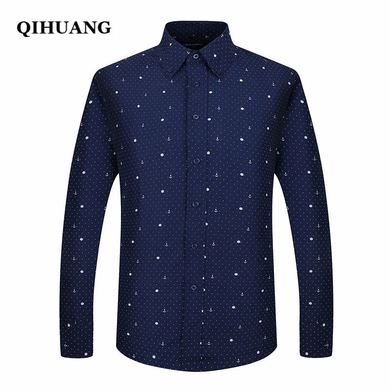 Acheter QIHUANG Hommes À Manches Longues Imprimé Chemises Décontracté Grande Taille Hommes Chemise Habillée 2018 Marque Hommes Vêtements Doux Confortable
