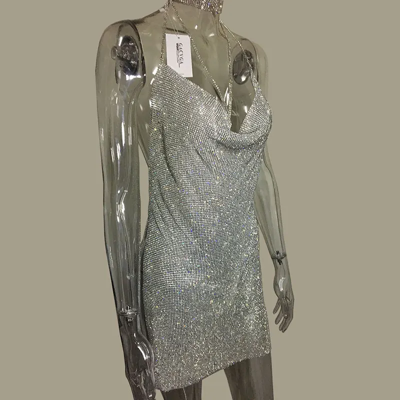 Skup GACVGA 2019 Crystal Metal Halter lśniąca letnia sukienka sukienka plażowa dla kobiet cekiny Mini Sexy sukienek Vestidos