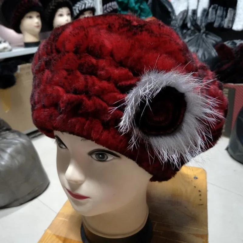 Новинка, вязаная шапка из меха кролика Рекс, берет, стильный серебристый Лисий мех, цветочный декоративный головной убор, головной убор для женщин - Цвет: red