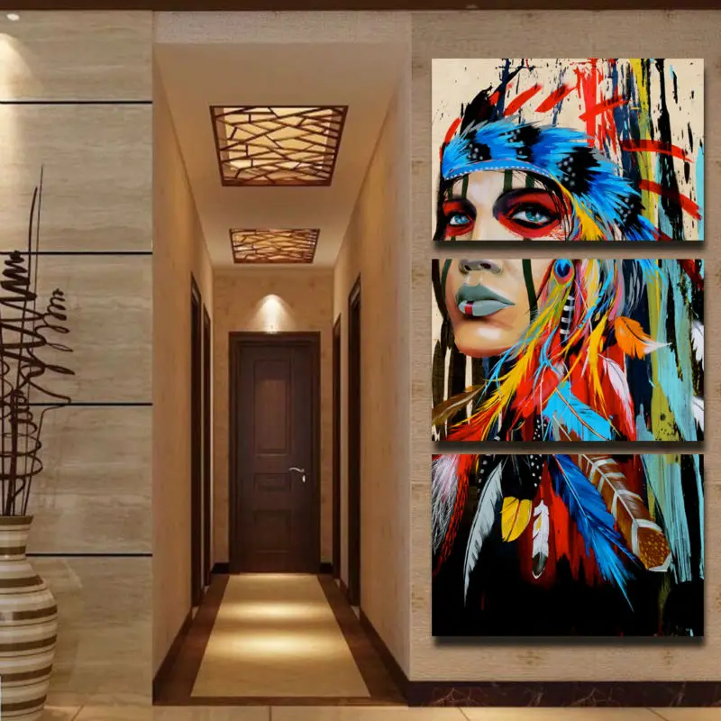 Beauty-Native-American-Indian-Girl-Feather-Woman-Portrait-Wall-Art-Canvas-Painting-for-Living-Room-Home