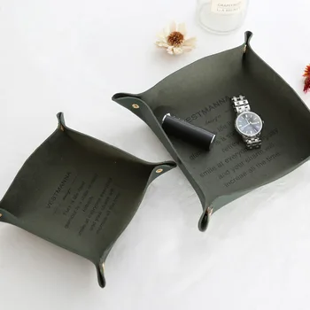 

17/22cm Nordic style red/deep green/grey PU leather desktop storage tray for sundries storage plate table living room home decor