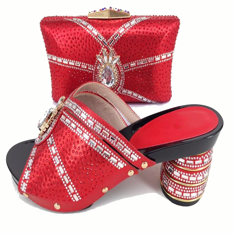 

Wedding party hand made high quality slippers shoes and clutches bag red color with many rhinestones italian new design SB8156-8