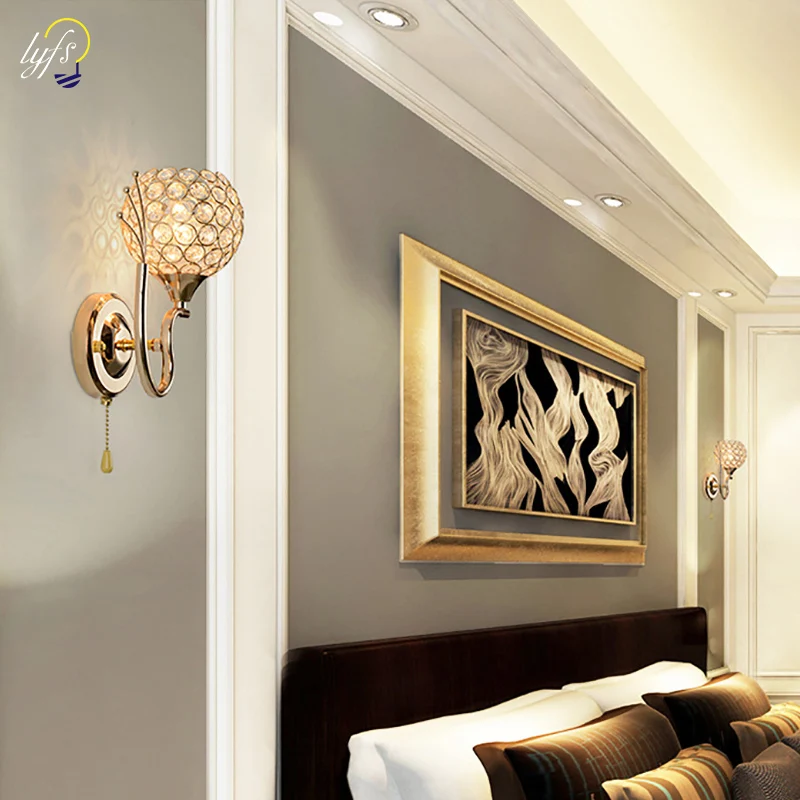 

Modern Crystal Wall Light Pendent Lamp Chrome Finish Bedroom Sconce Lighting Fixture Pull Cord Switch, E27 Socket