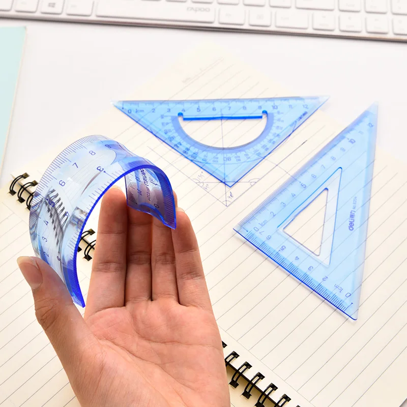 

1 Pack 3Pcs Colorful Transparent Soft Plastic Flexional Ruler Set Straight Ruler Triangular Ruler School Supplies Deli 6204