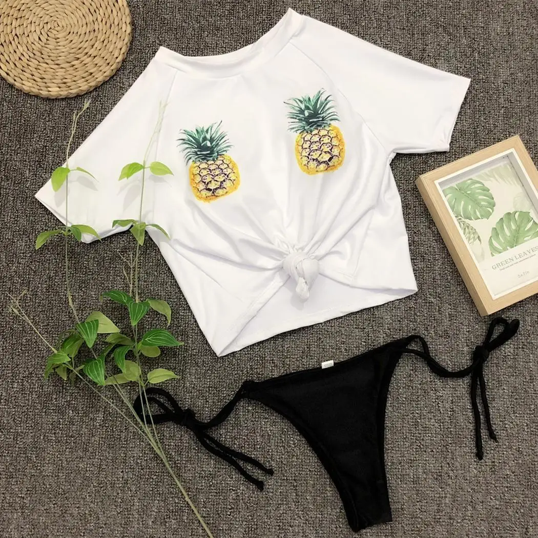 

Women O-Neck Short Sleeve Pineapple Printed Low Waist Slim Split Fruit Two-piece Bikini Swimsuit Pullover Summer