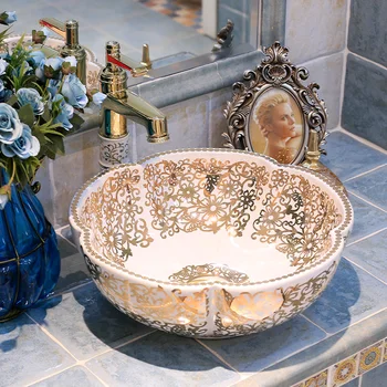 

Europe Style Handmade Luxurious Countertop Ceramic Bathroom Basin Bathroom Sink round wash basins