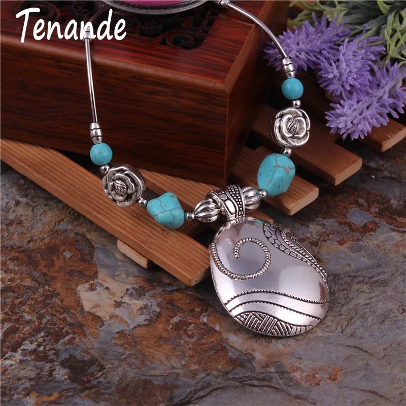 

Tenande Vintage Tibet Silver Color Carved Twisted Lines Flowers Beads Geometric Patterns Pendant Necklaces for Women Accessories