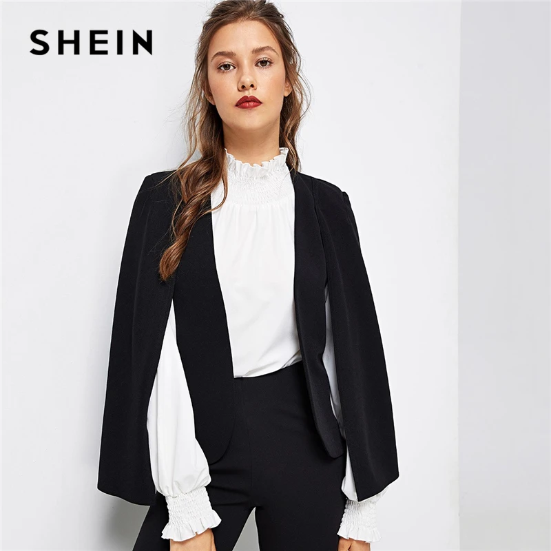 

SHEIN Black Poncho Office Lady Streetwear Cloak Open Front Blazer 2018 Autumn Elegant Modern Lady Workwear Women Coats Outerwear