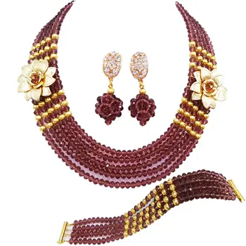 

Fashion Dark Purple Crystal Beaded Multi Strands Necklaces Sets Nigerian Wedding African Beads Jewelry Set 5-XSH22