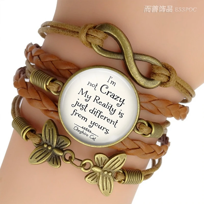 

"I'm Not Crazy " Alice In Wonderland Quote Jewelry Glass Dome Cabochon Multilayer Leather Bracelet Handmade Gift